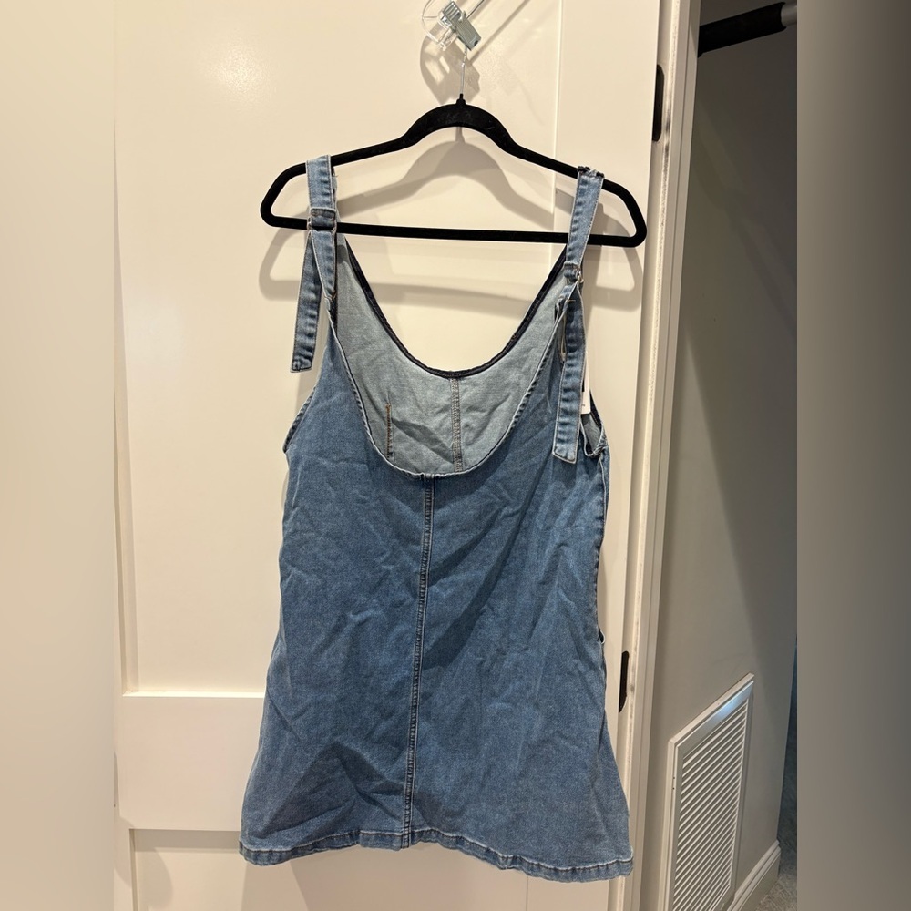 Denim Pinafore Dress with Front Pockets - Light Blue - Picture 2 of 3